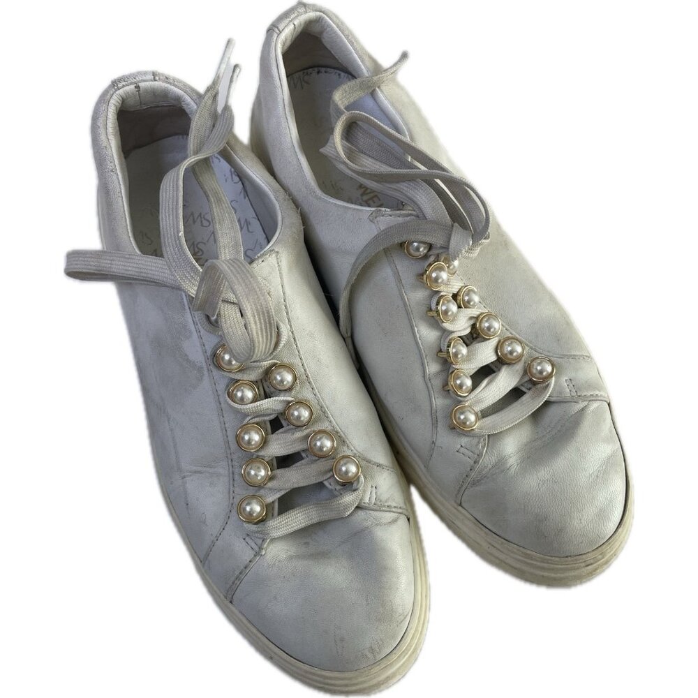 Stuart Weitzman Womens 7.5 Excelsa Leather Fashion Sneaker White Pearl Accent